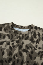 Brown Retro Leopard Print Mock Neck Slim Tee