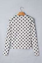 White Polka Dot Mesh Long Sleeve Stand Neck Sheath Top