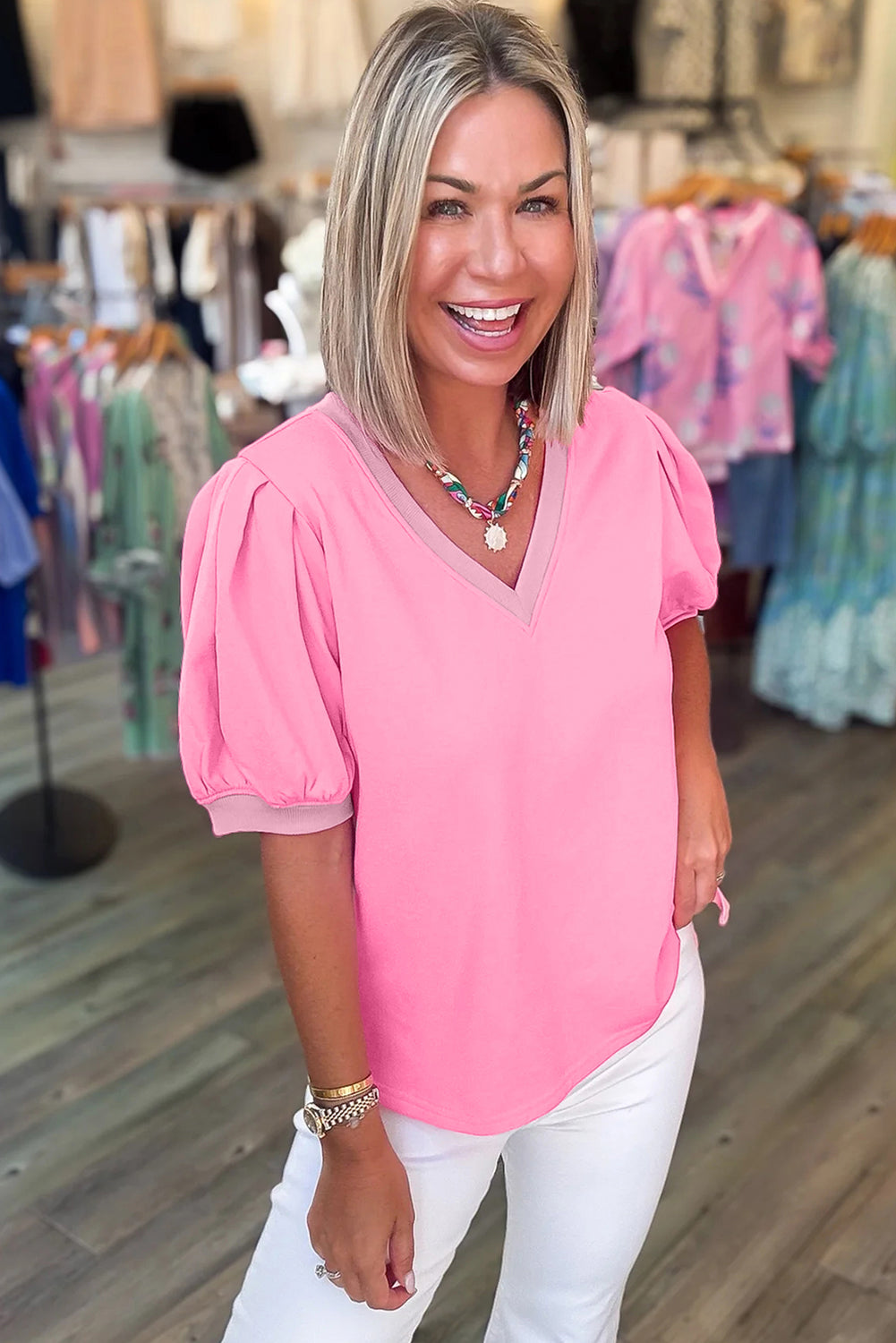 Solid Colour V Neck Short Puff Sleeve Blouse