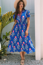 Floral Puff Short Sleeve V Neck High Waist Maxi Dress