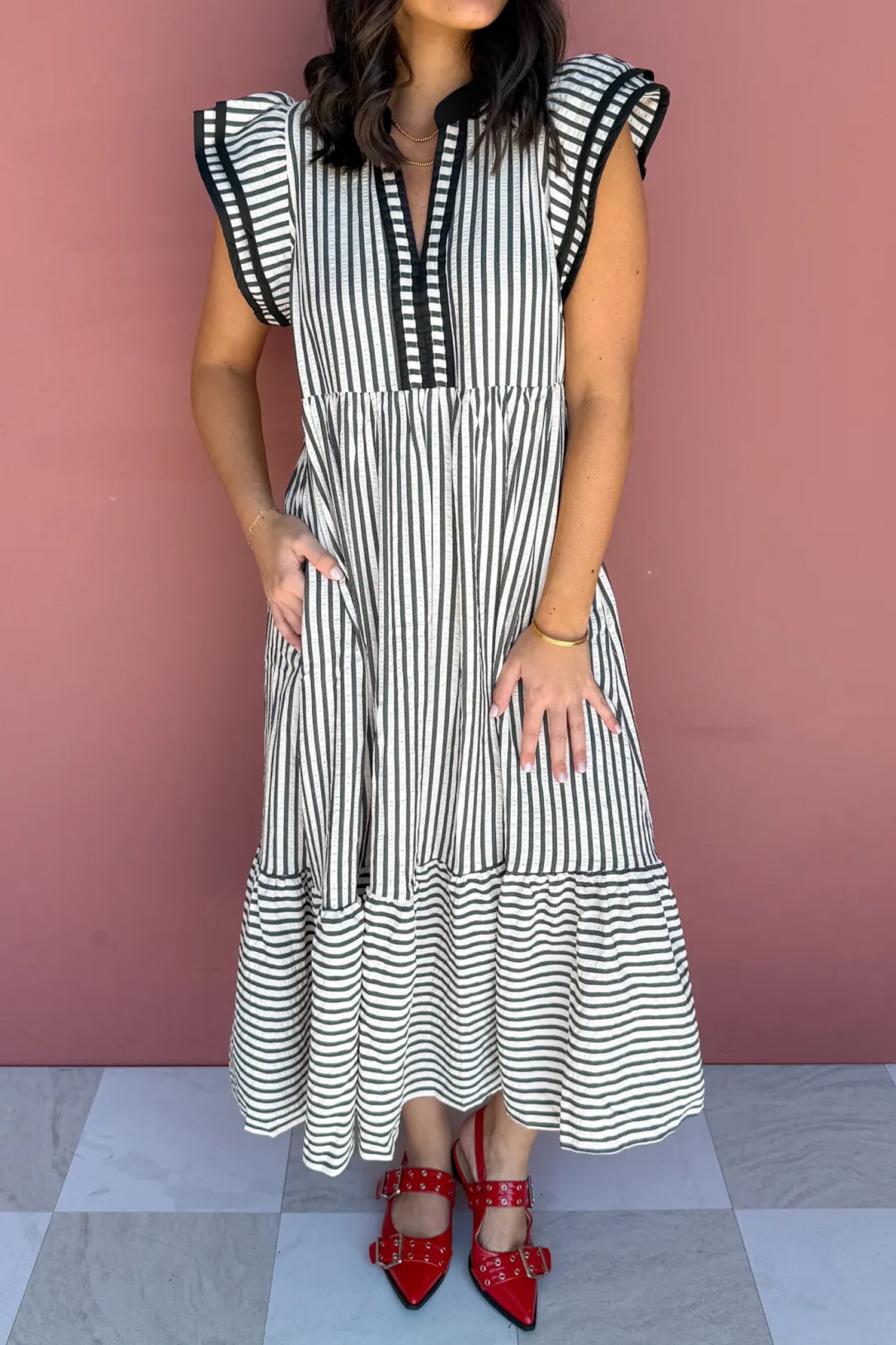 Striped Plus Size Slit V Neck Tiered Flutter Sleeve Maxi Dress
