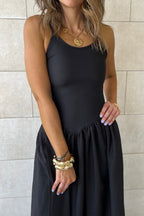 Black Spaghetti Straps Drop Waist Ribbed Patchwork Maxi Dress