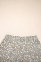 Khaki Raw Edge Leopard Print Denim Shorts