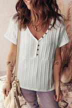 White Solid Color Textured Button V Neck Raw Seam Henley Tee