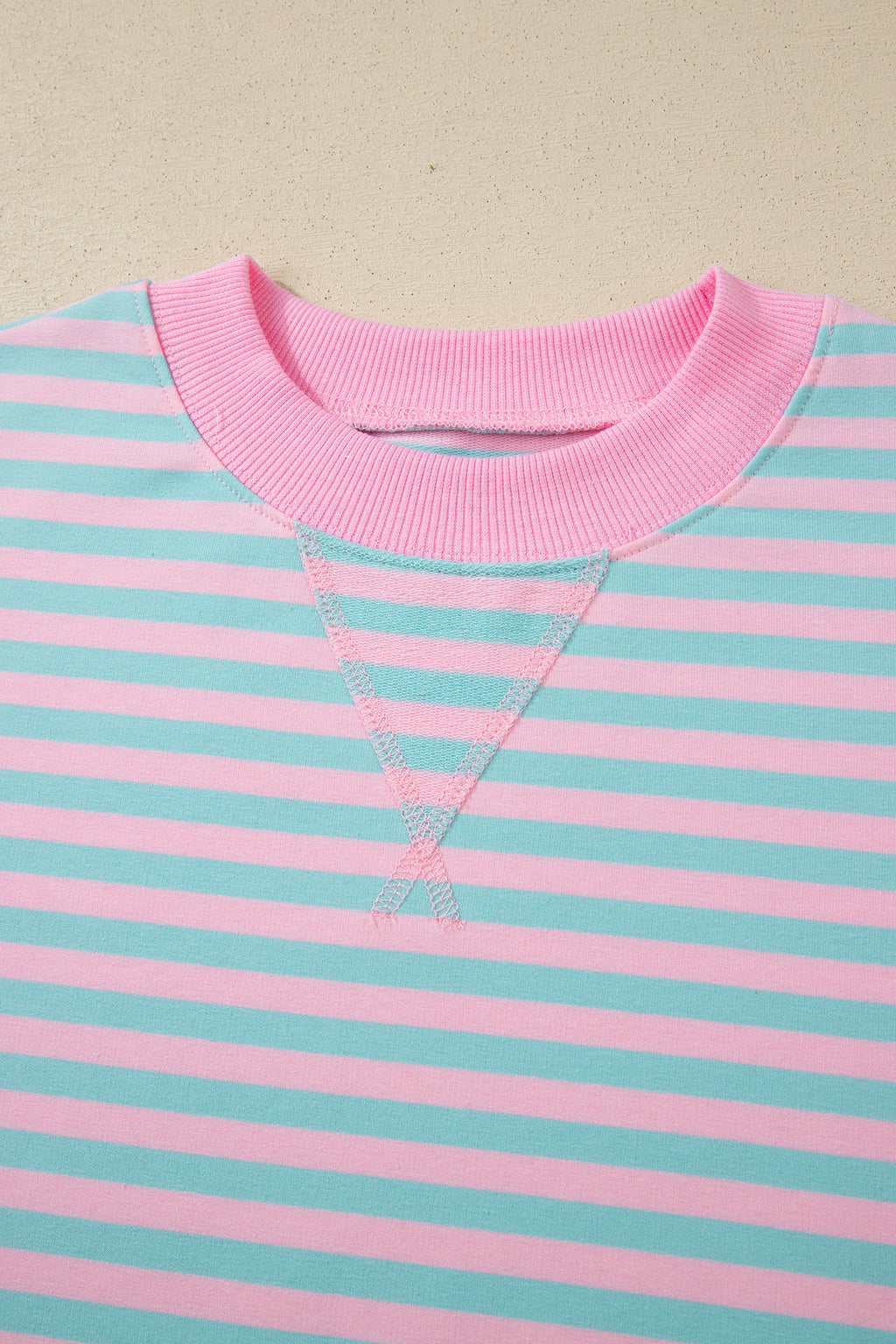 Striped Color Block Detail Long Sleeve Pullover Elastic Waist Pull On Shorts 2pcs Set