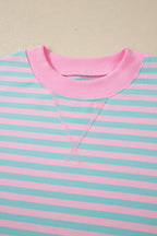 Striped Color Block Detail Long Sleeve Pullover Elastic Waist Pull On Shorts 2pcs Set