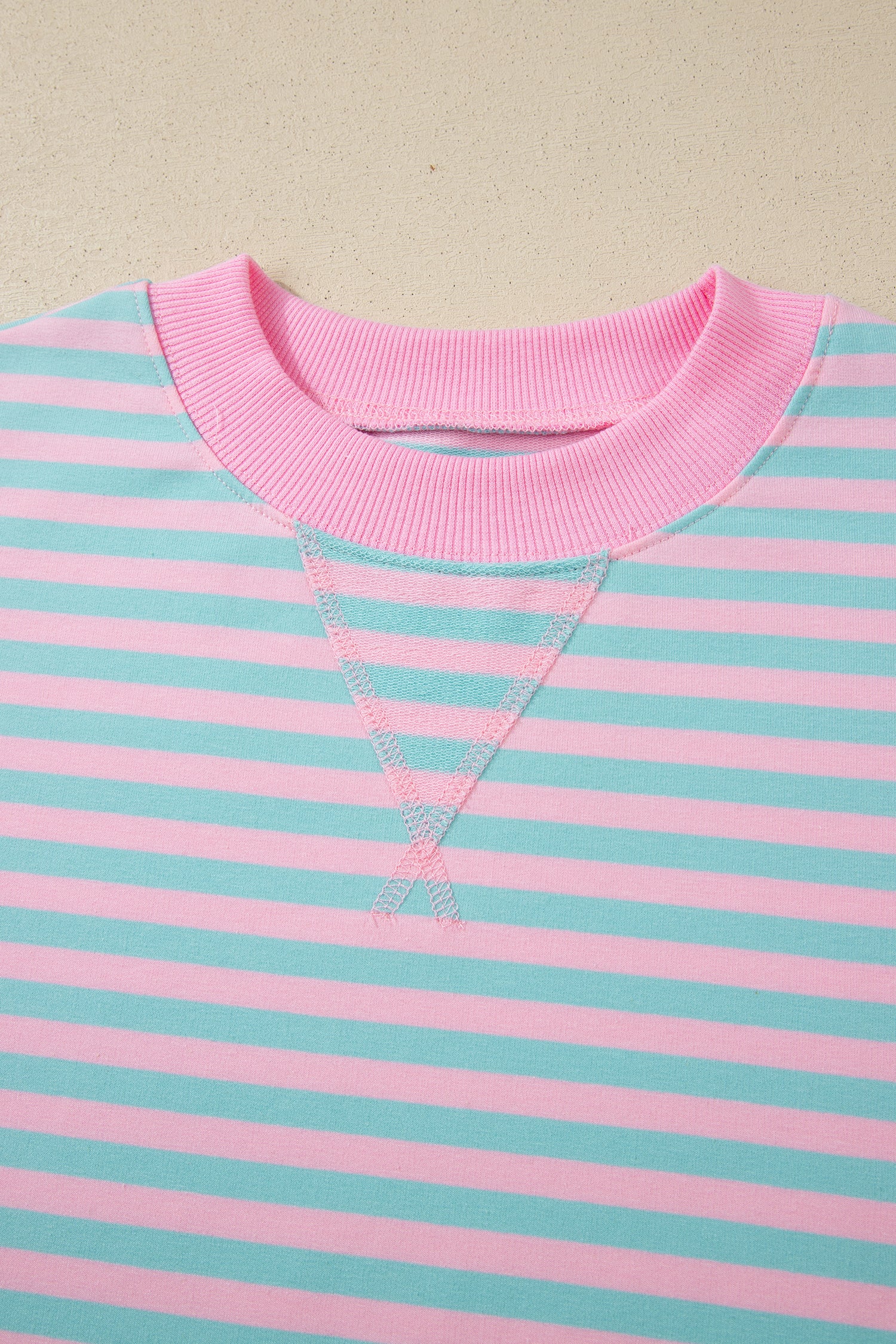 Striped Color Block Detail Long Sleeve Pullover Elastic Waist Pull On Shorts 2pcs Set