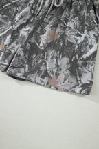 Grey Abstract Maple Leaf Printed Tie Elastic Waist Shorts