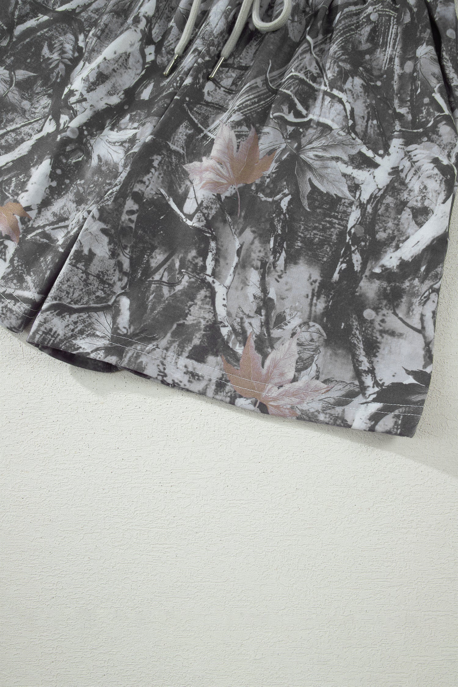 Grey Abstract Maple Leaf Printed Tie Elastic Waist Shorts