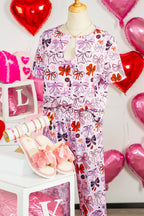 Pink Diverse Bows Buttons Printed Contrast Trim Short Sleeve Shirt Pajama Pant Set