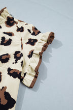 Khaki Plus Size Leopard Print Frilled Color Block Trim Button Down Short Sleeve Blouse
