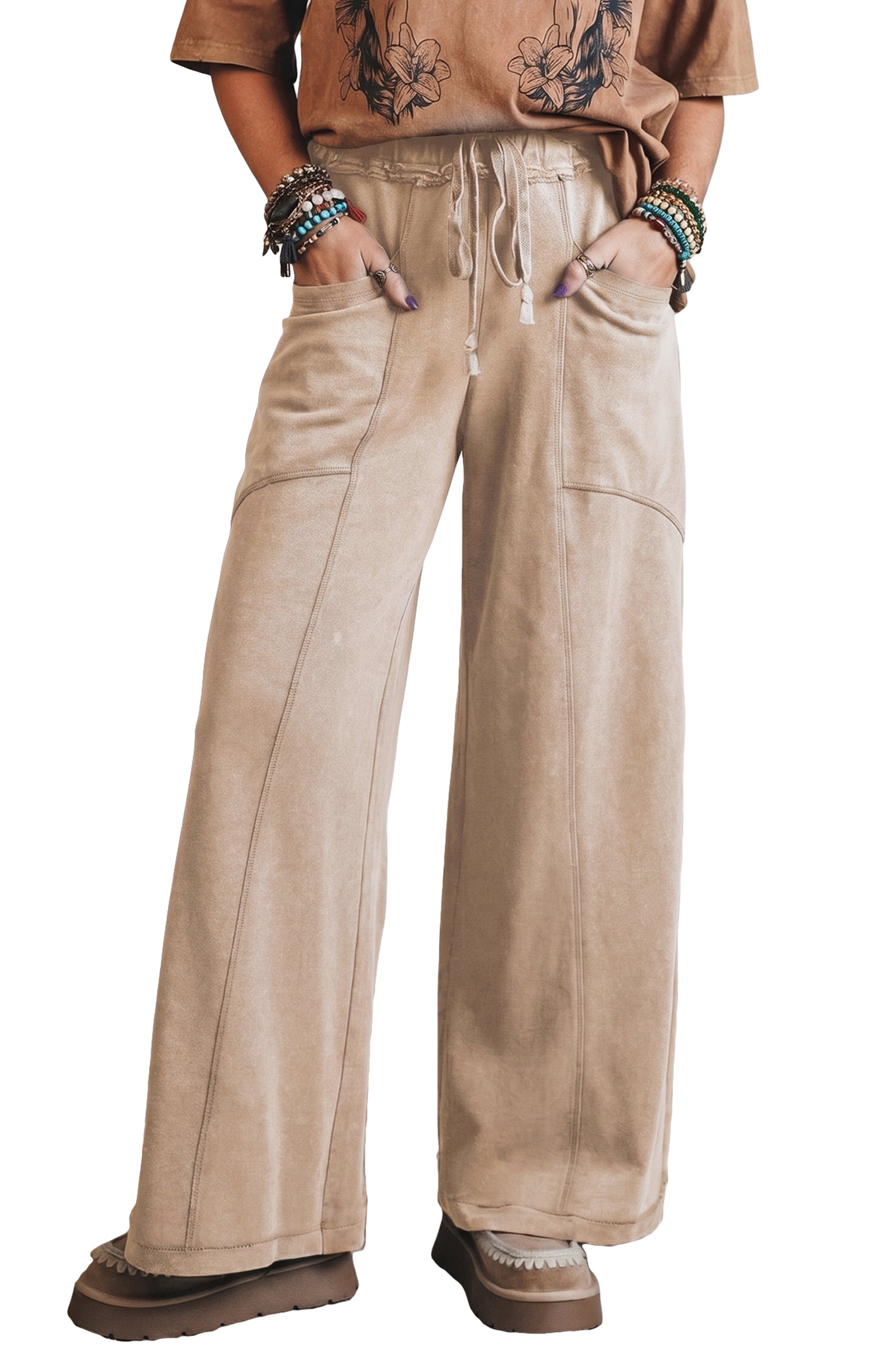 Smoke Grey Mineral Wash Drawstring Retro High Waist Wide Leg Western Pants