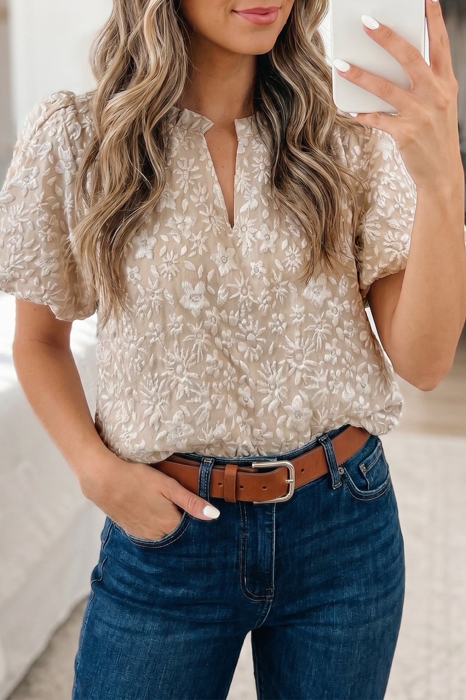 Floral Textured Jacquard Puff Sleeve Blouse