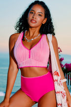 Shell Stitched Trim V Neck Textured Mix and Match High Waist Bikinis