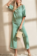 Contrast Trim Half Sleeve Top Drawstring Pants Loose 2pcs Sweater Suit
