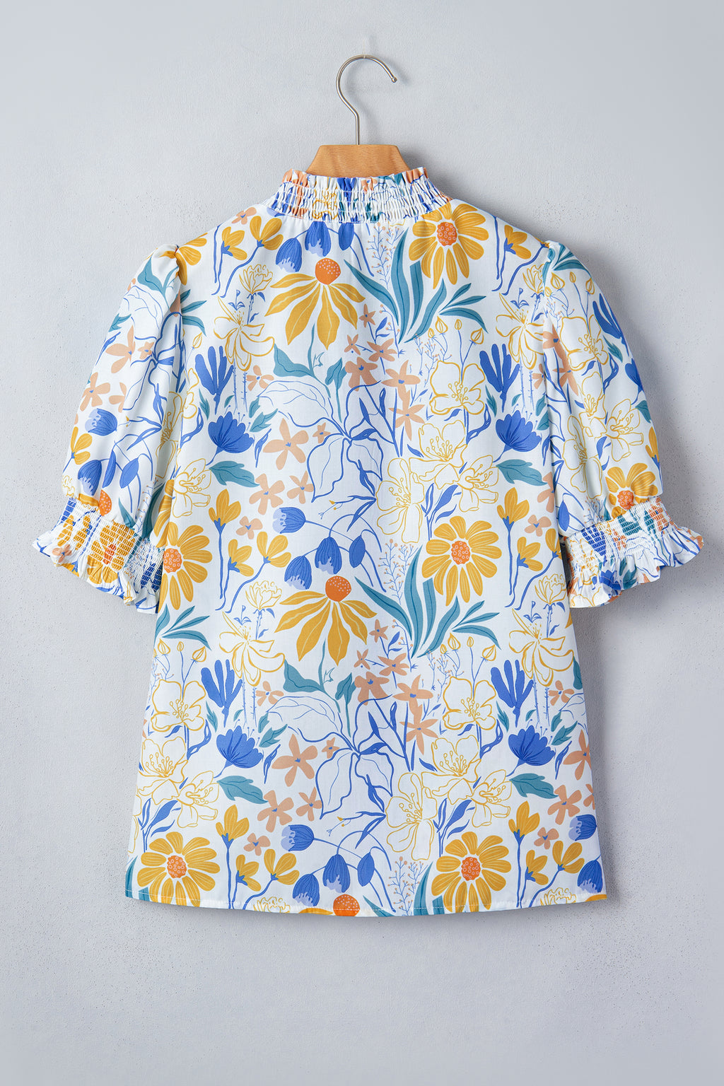 Yellow Floral Print Striped Trim V Neck Puff Sleeve Blouse