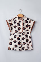 Khaki Leopard Printed Ruffle Sleeve Summer Blouse