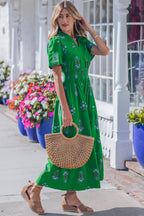 Floral Print Split Neck Shirred High Waist Ruffle Hem Maxi Dress