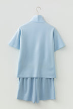 Beau Blue Solid Color Half Zip Loose Short Sleeve Sweatshirt 2pcs Set