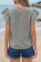 Black Stripe Striped Ruffle Sleeve Short Sleeve Round Neck Casual Shift Blouse