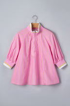 Pink Stripe Striped V-Neck Half Sleeve Zipper Ribbed Cuff Casual Shift Blouse