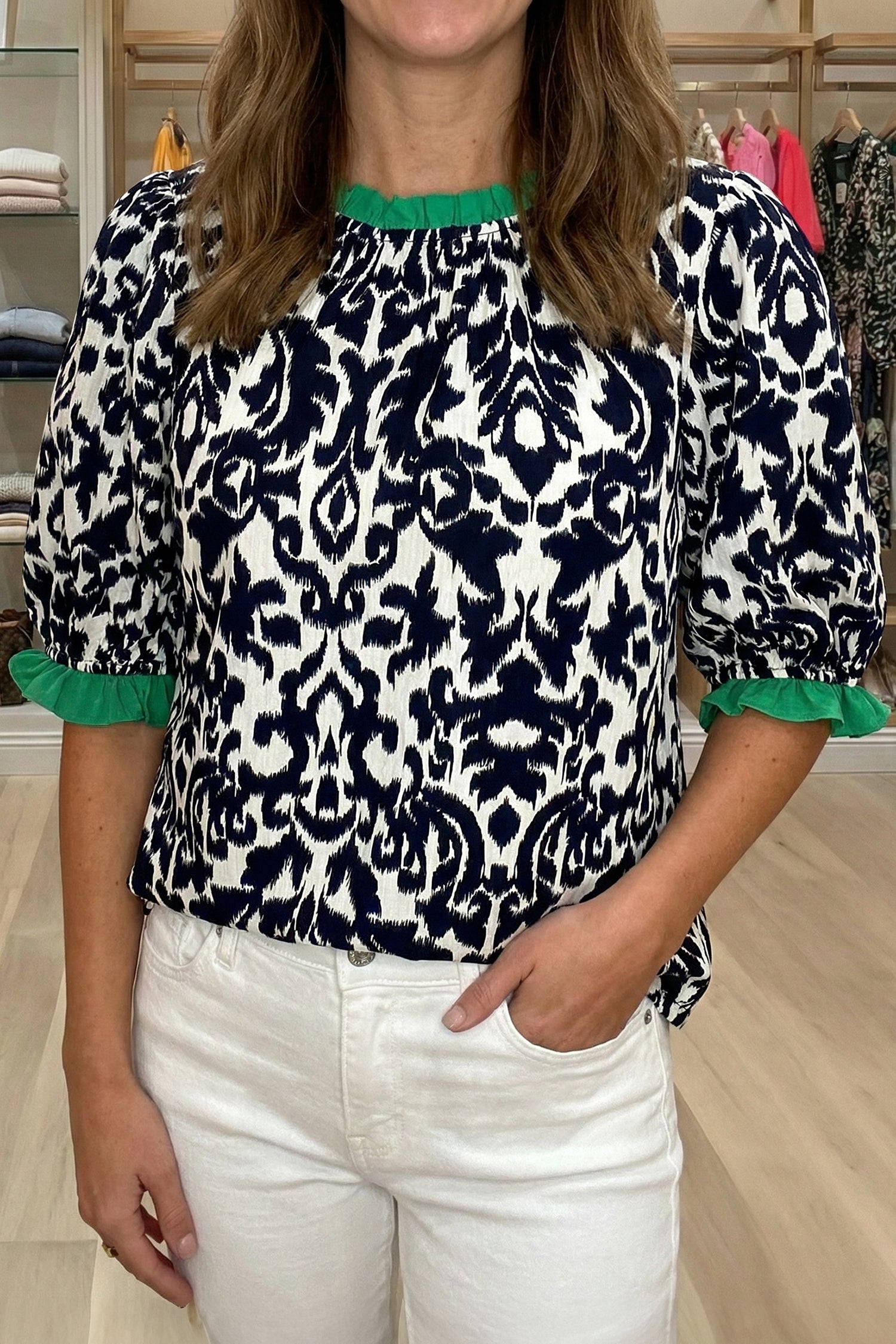 Damask Print Ruffled Colour Block Detail Half Sleeve Blouse