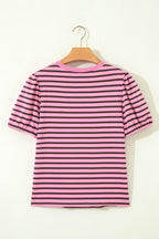 Rose Stripe Striped V-Neck Ribbed Collar Cuff Gathering Puff Sleeve Top