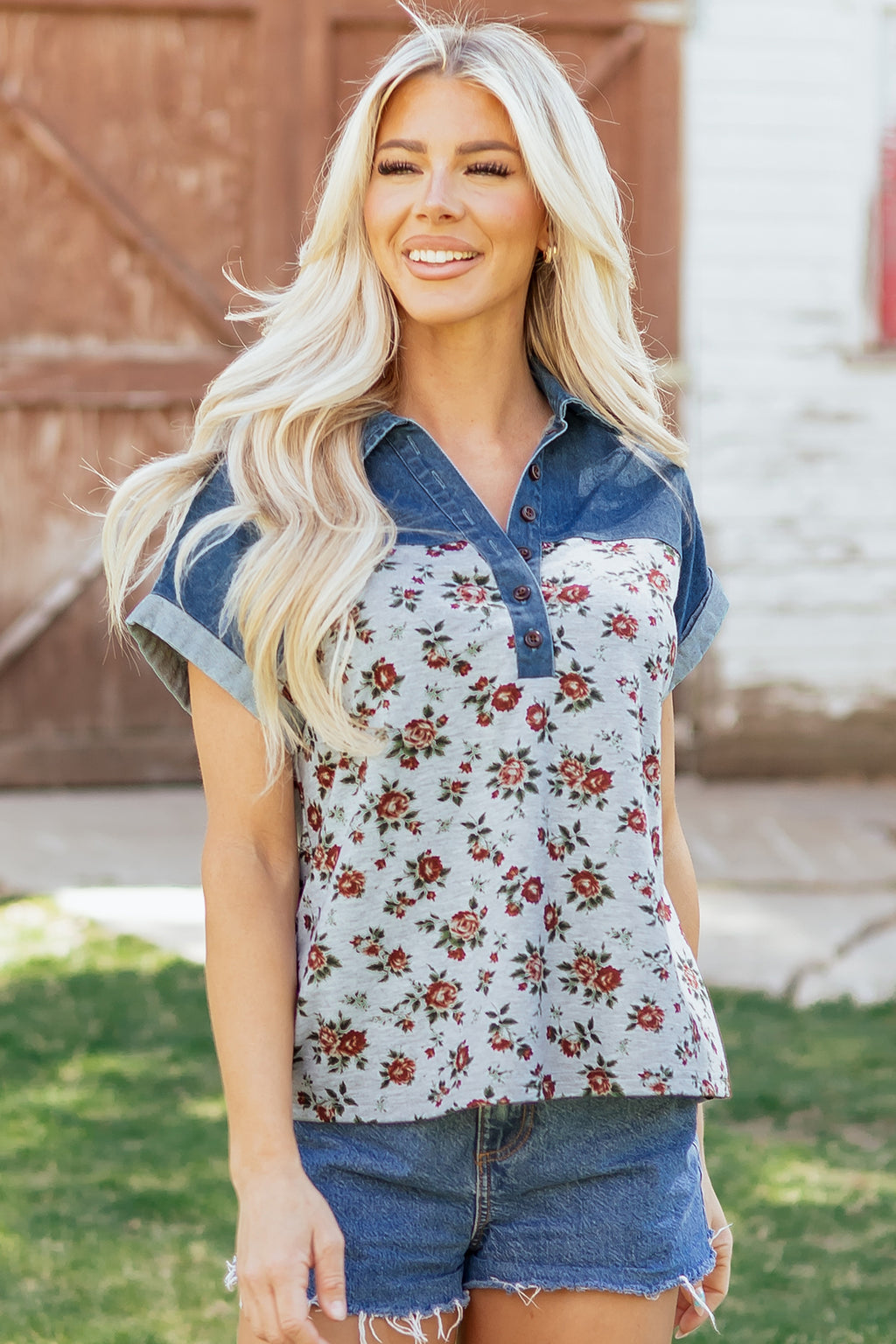 Grey Retro Floral Print Denim Patchwork Buttoned Polo Collar Top