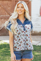 Grey Retro Floral Print Denim Patchwork Buttoned Polo Collar Top