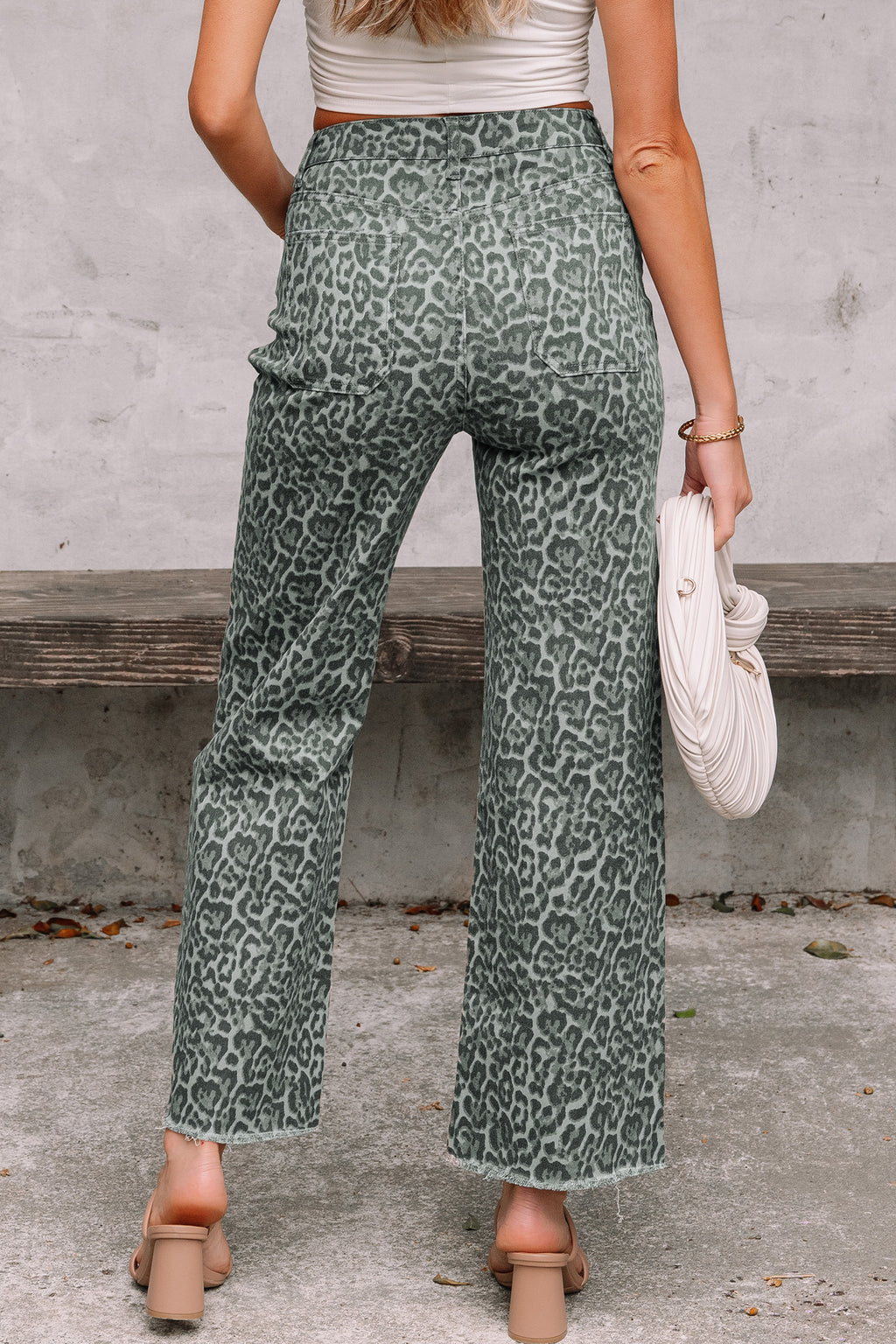 Grey Leopard Frayed Edge Wide Leg High Waist Jeans