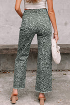 Grey Leopard Frayed Edge Wide Leg High Waist Jeans