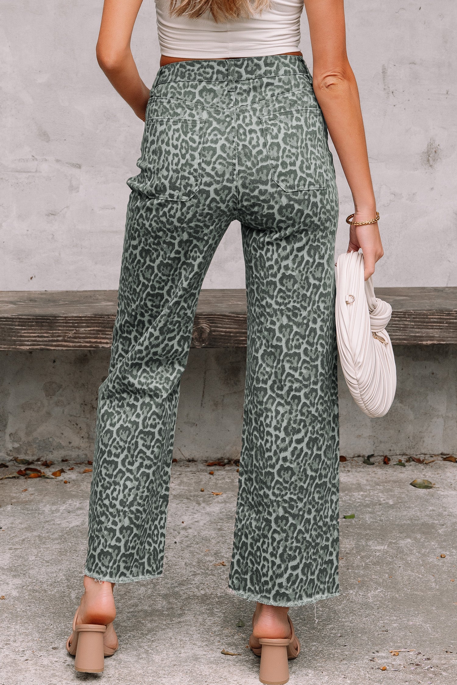 Grey Leopard Frayed Edge Wide Leg High Waist Jeans