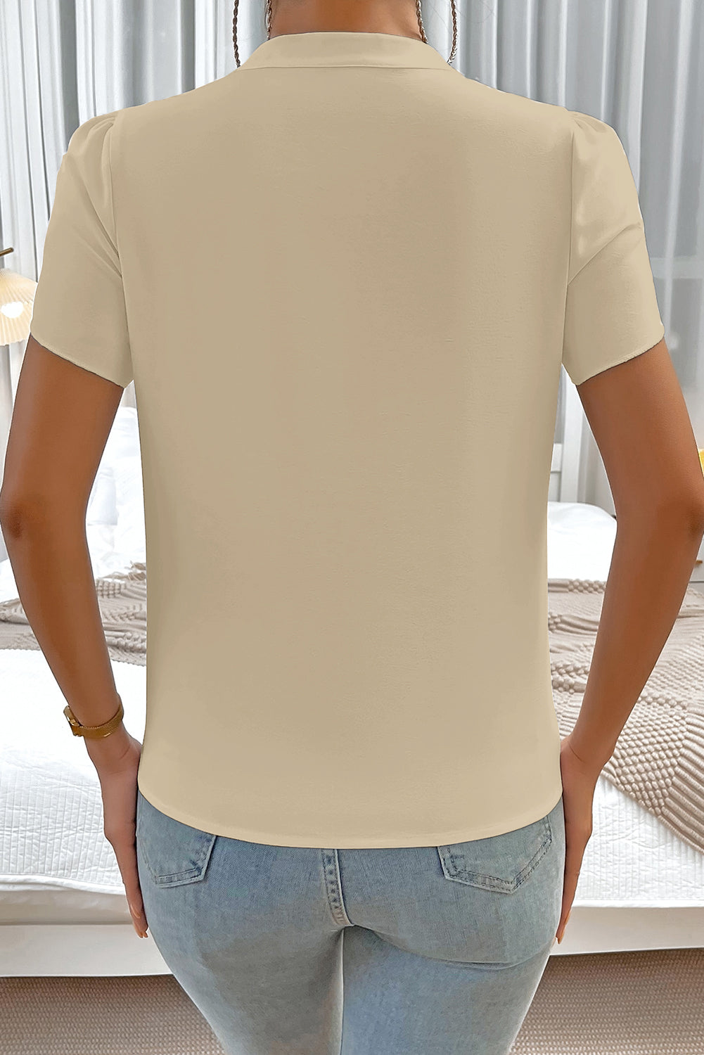 Silky Notched Neckline Petal Sleeve Blouse