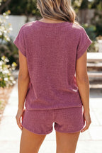 Pitaya Pink Twisted Ribbed Loose Tee Drawstring Elastic Waist 2pcs Short Set