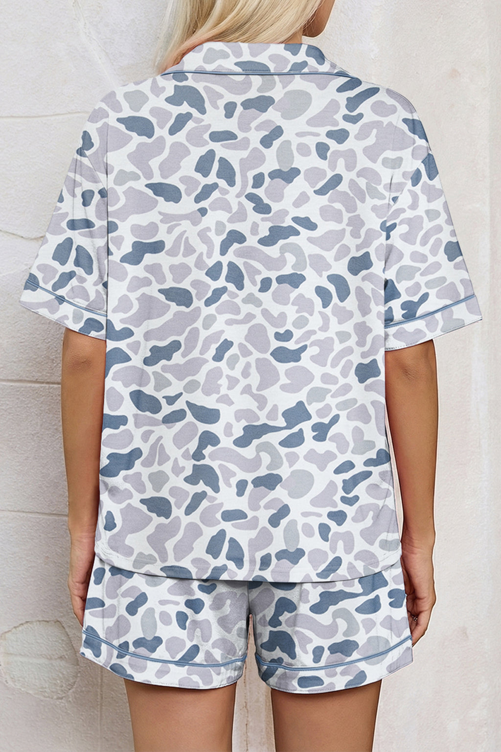 Camouflage Print Lapel Shirt Drawstring 2pcs Short Pyjama Set