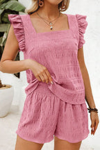 Textured Square Neck Top and Shirred High Waist Shorts Set