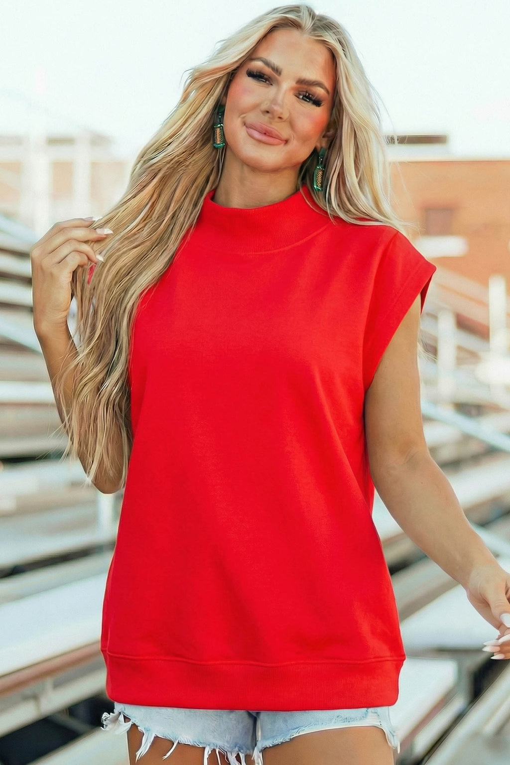 Solid Color High Neck Cap Sleeve Loose Top