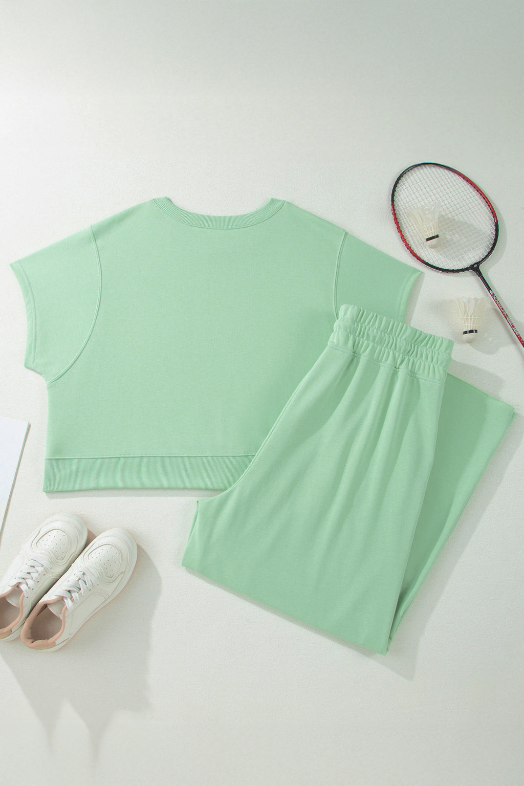 Solid Colour Ribbed Trim Short Sleeve Top Drawstring Loose Pants 2pcs Outfit