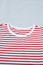 Red Stripe Contrast Trim Round Neck Short Puff Sleeve T Shirt