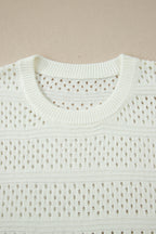 White Plus Size Eyelet Hollow Out Knit Ribbed Trim Short Sleeve Dolman Sweater