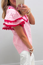 Eyelet Embroidered Flower Texture Contrast Lace Trim Flutter Sleeve Blouse