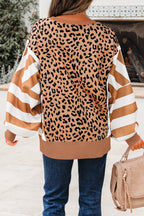 Striped Color Block Patchwork Leopard Casual Sweatshirt with Slits