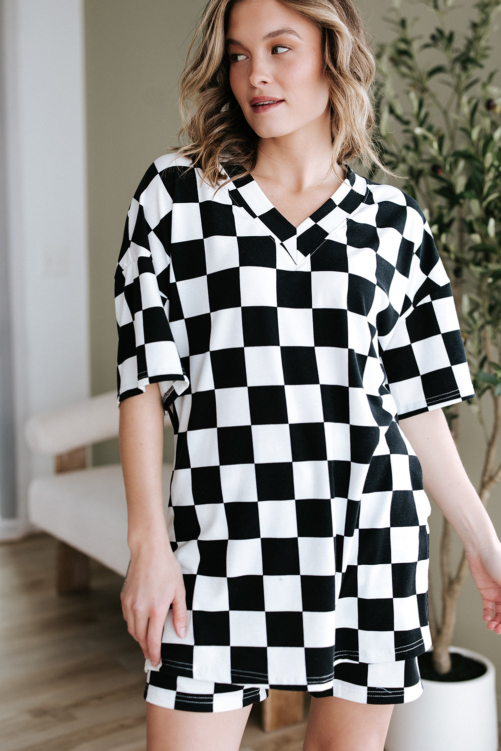 Checkerboard Print V Neck Loose Tee and Shorts Lounge Set