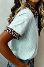 Striped Leopard Contrast Collar Short Sleeve Shirt