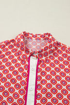 Orange Geometric Floral Print Color Block Trim Button Front Ruffle Hem Dress