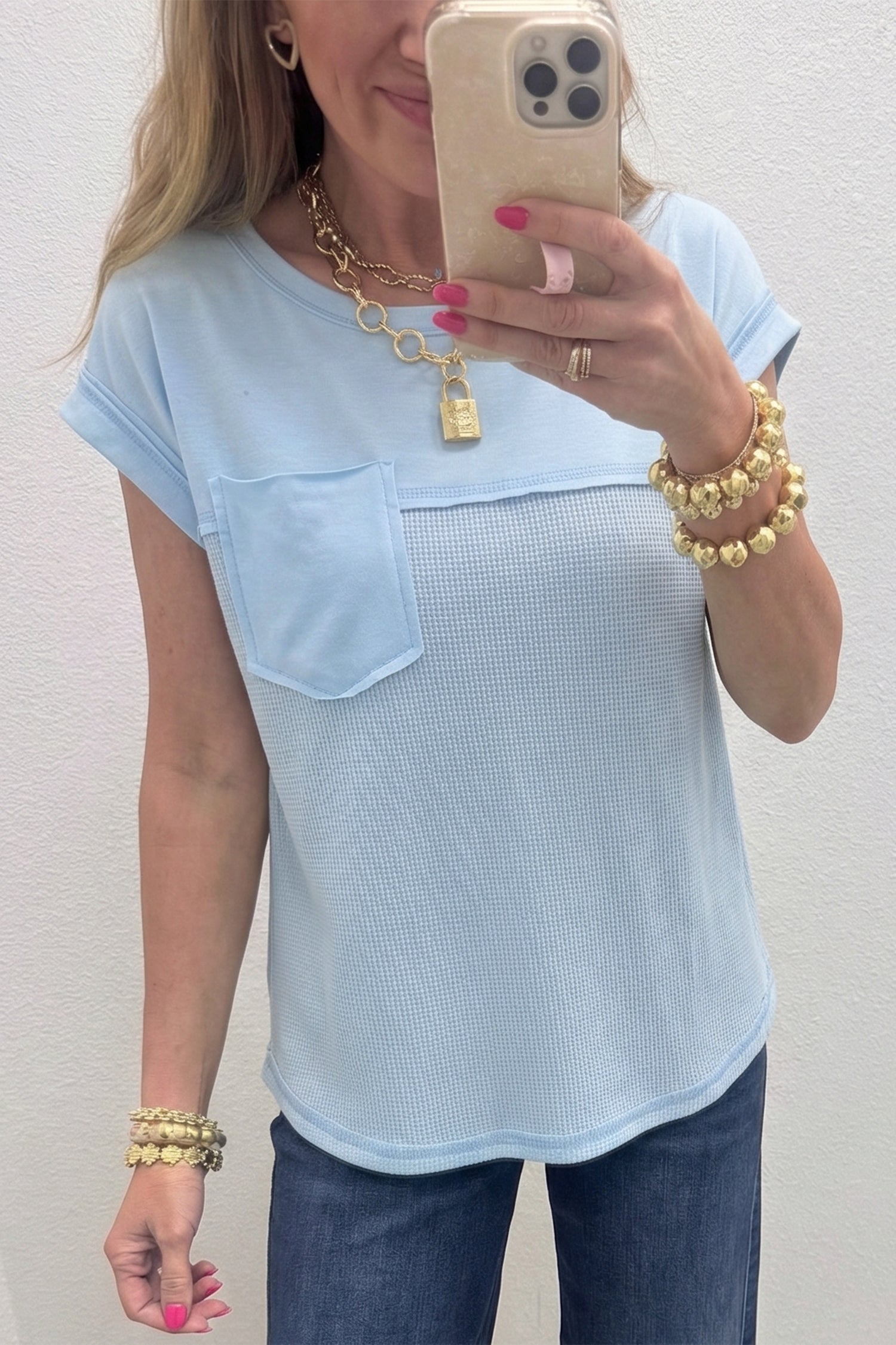 Solid Coluor Raw Seam Waffled Patchwork Casual T Shirt
