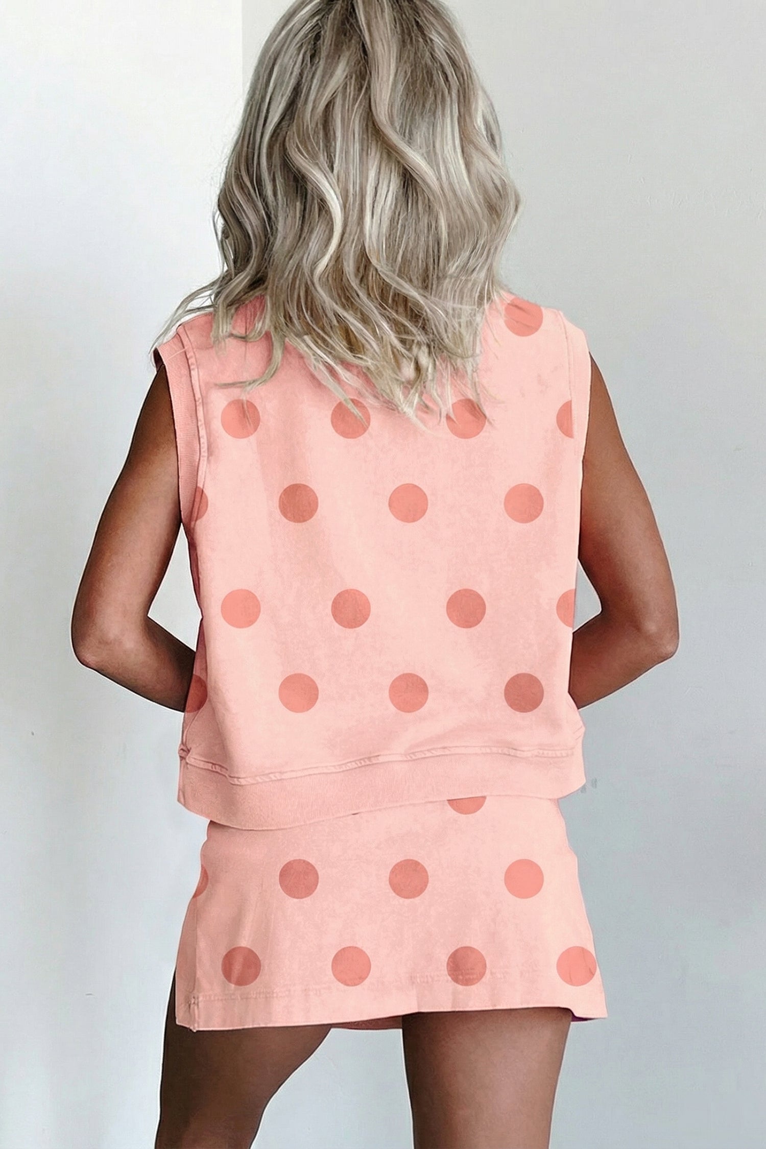 Ribbed Trim Polka Dot Print Tank Split Mini Skort 2pcs Set