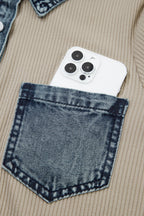 Beige Short Sleeve Ribbed Knit Denim Patchwork Polo Collar Dress