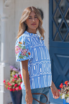 Sky Blue Unique Geometry Print Floral Embroidered Puff Sleeve Blouse
