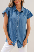 Dusk Blue Ruffled Short Sleeve Denim Shirt